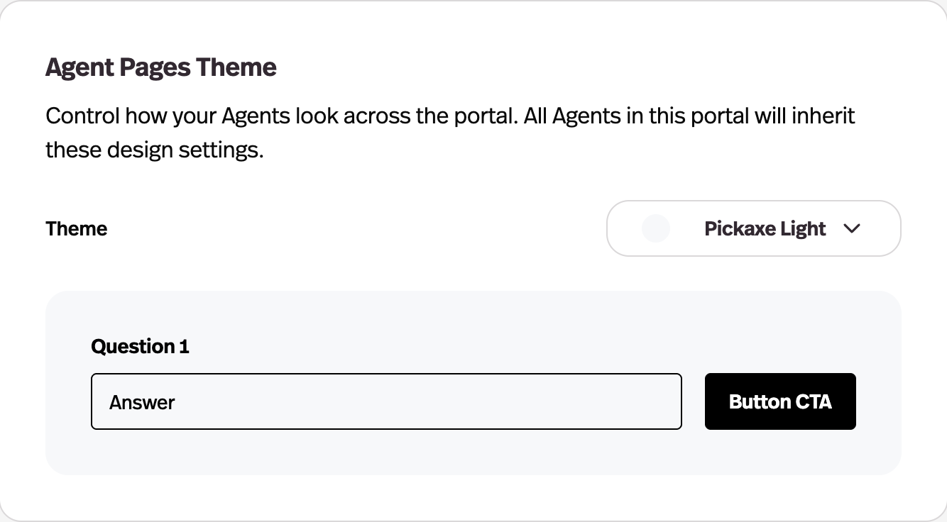 Pickaxe Portal design customization showing theme and branding options